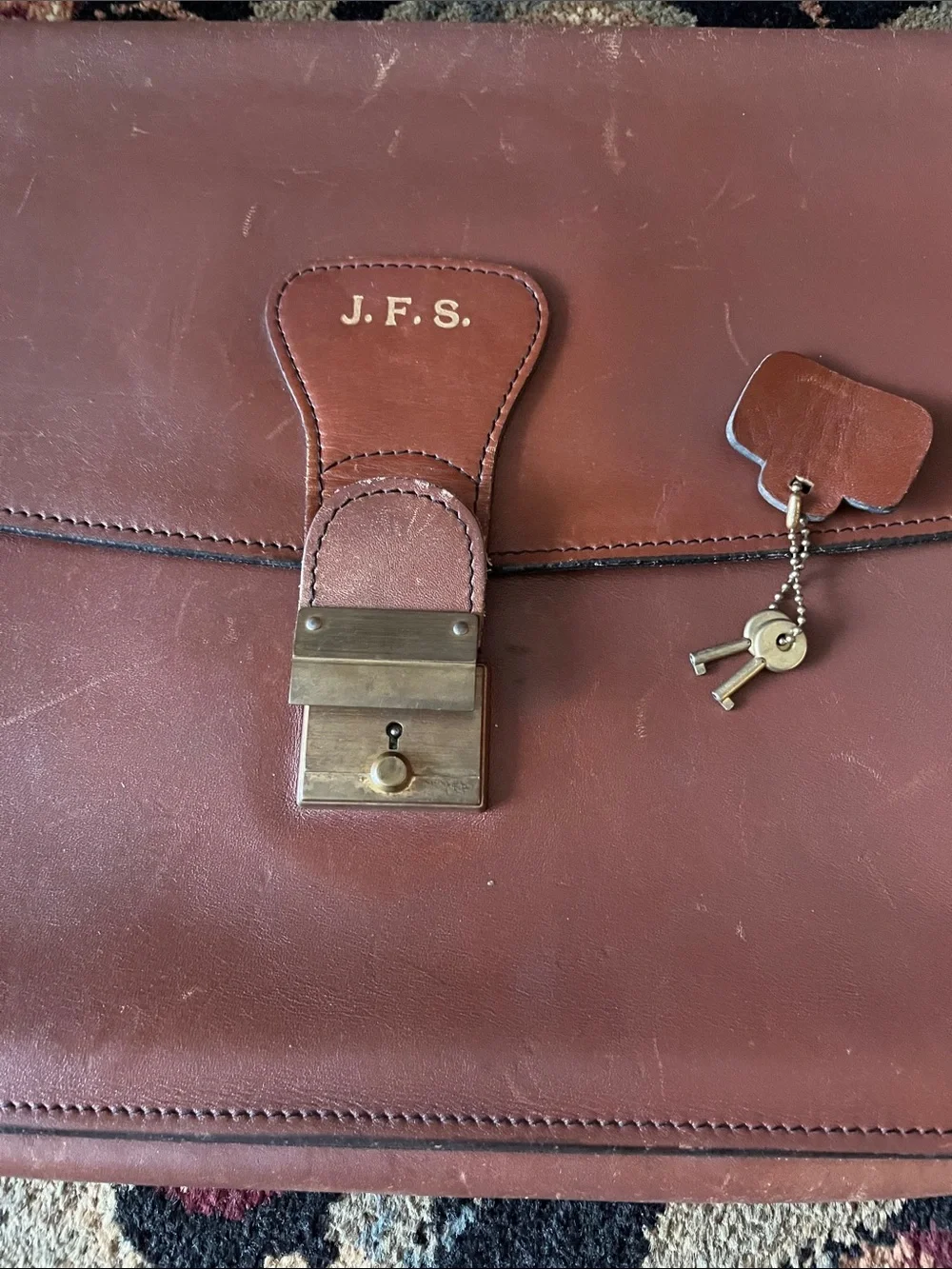Vtg Schlesinger Monogrammed Brown Leather Portfolio Briefcase with Lock and Keys